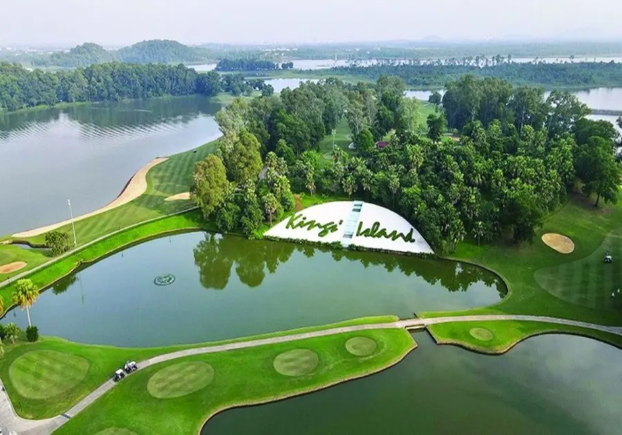 View of BRG Kings Island Golf Resort Driving Range, highlighting a state-of-the-art practice facility with numerous driving bays, professional lighting, and expansive green spaces for golfers to enhance their skills.