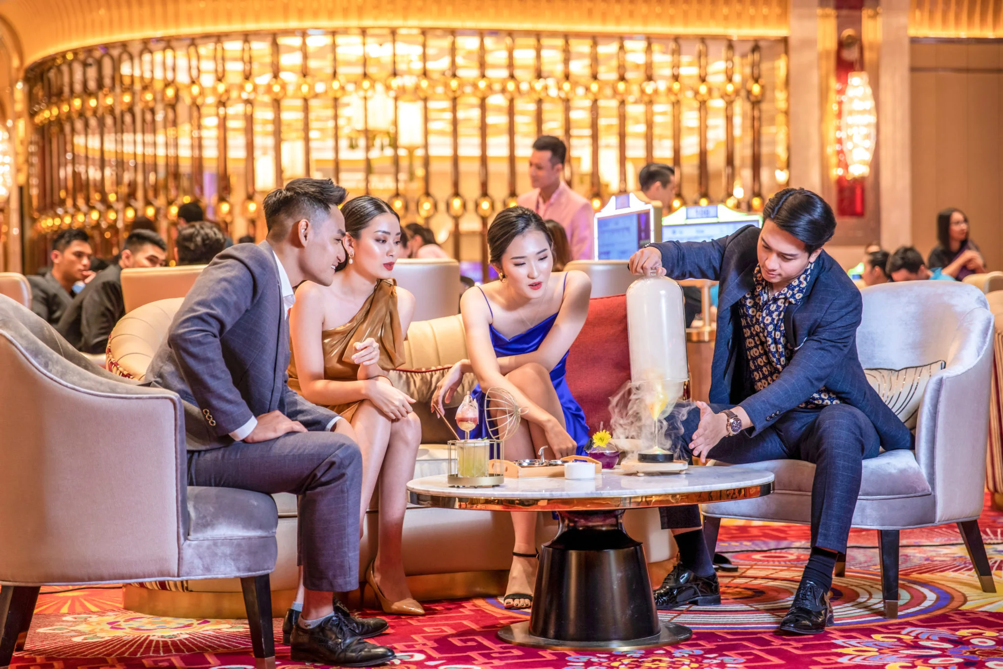 Image of a Sicbo casino in Vietnam, featuring a modern casino building with vibrant lighting, dedicated Sicbo gaming tables, and patrons actively playing the dice game in a lively and upscale casino setting.