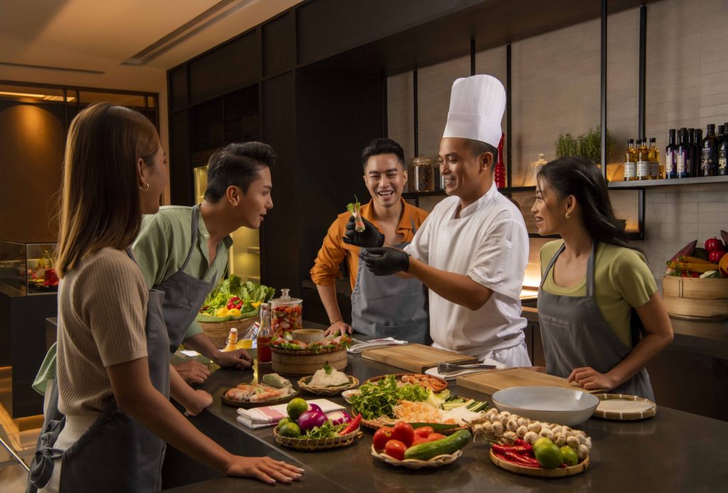 Traditional Vietnamese cooking class in a resort kitchen