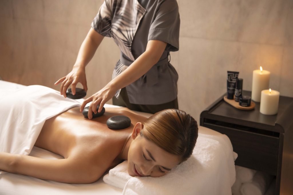 Luxurious spa treatment room with ocean view