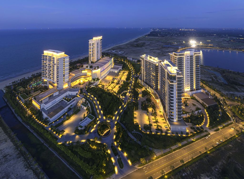 Aerial view of a luxurious Vietnam casino resort with beach