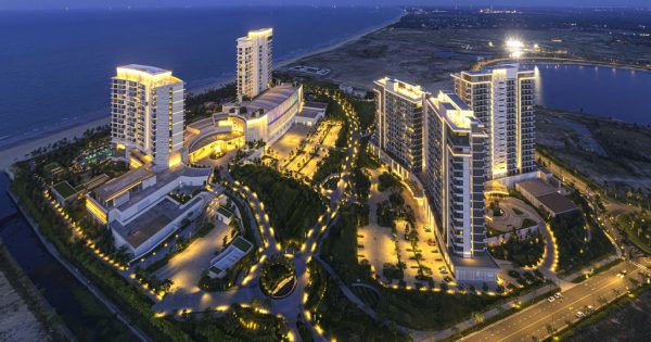 Aerial view of a luxurious Vietnam casino resort with beach