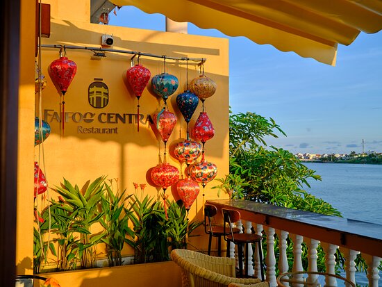 Exterior shot of Faifoo Central Restaurant in Hoi An, highlighting its central location and charming architecture.