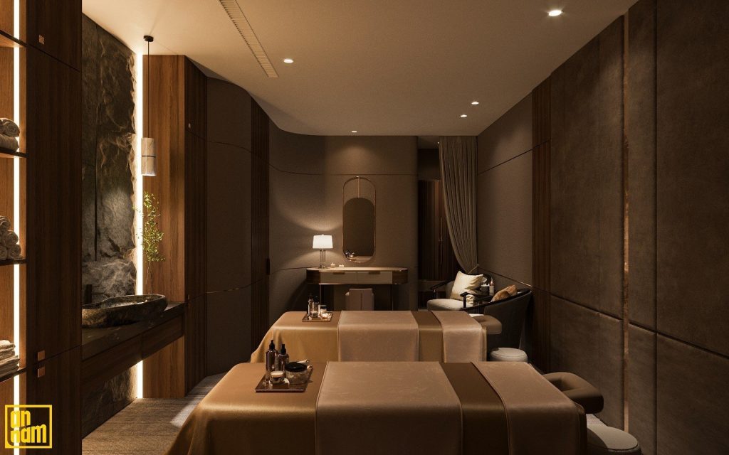 A serene spa setting in Hoi An, featuring a massage table surrounded by soft lighting and calming decor