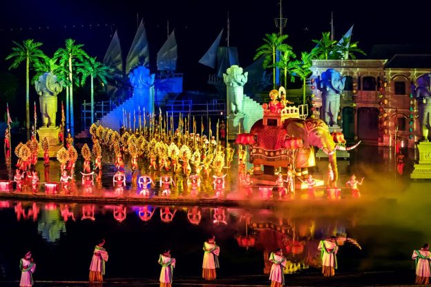 A dynamic light and sound display during the Hoi An Memories Show, illustrating the cutting-edge technology used in the production