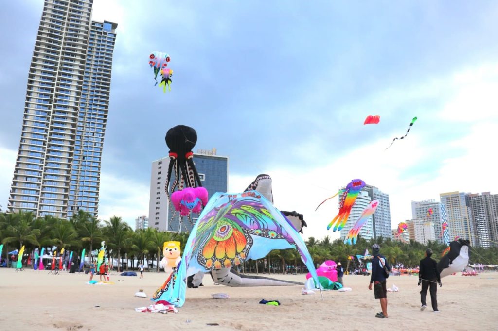 Colorful kites against a blue sky