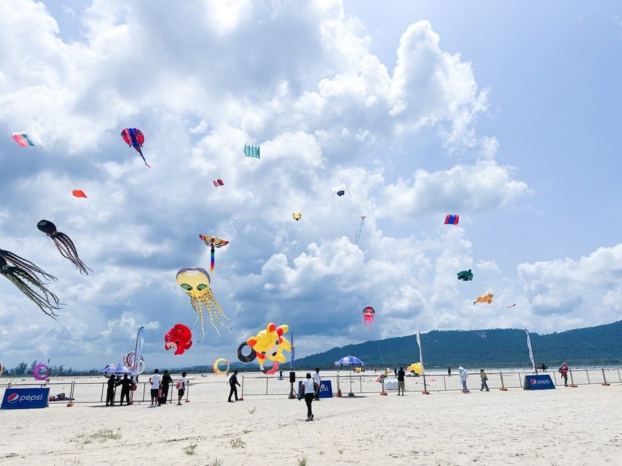 People watching kite performances on a beach