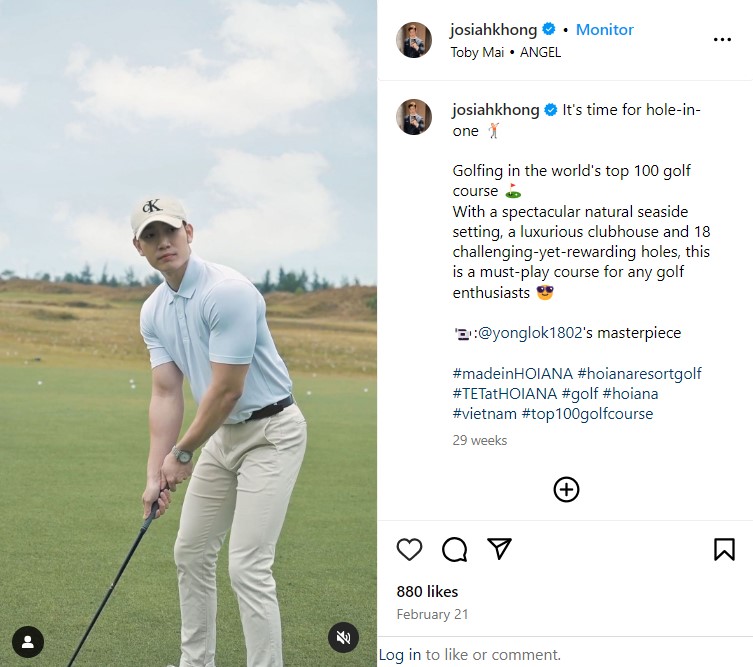 Celebrity golfer Josiah Kong posing at Hoiana Shores Golf Club, holding a club on the course.