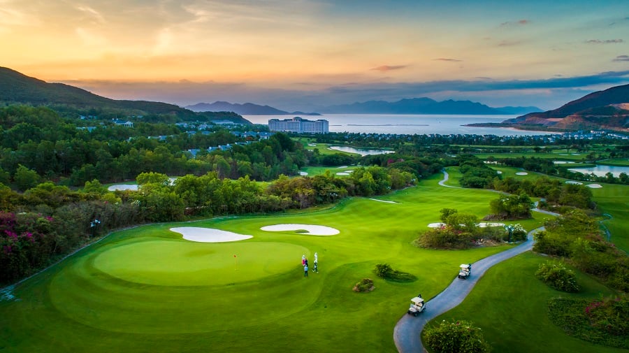 Vinpearl Golf Club's lush fairways surrounded by tropical forests on Phu Quoc island.