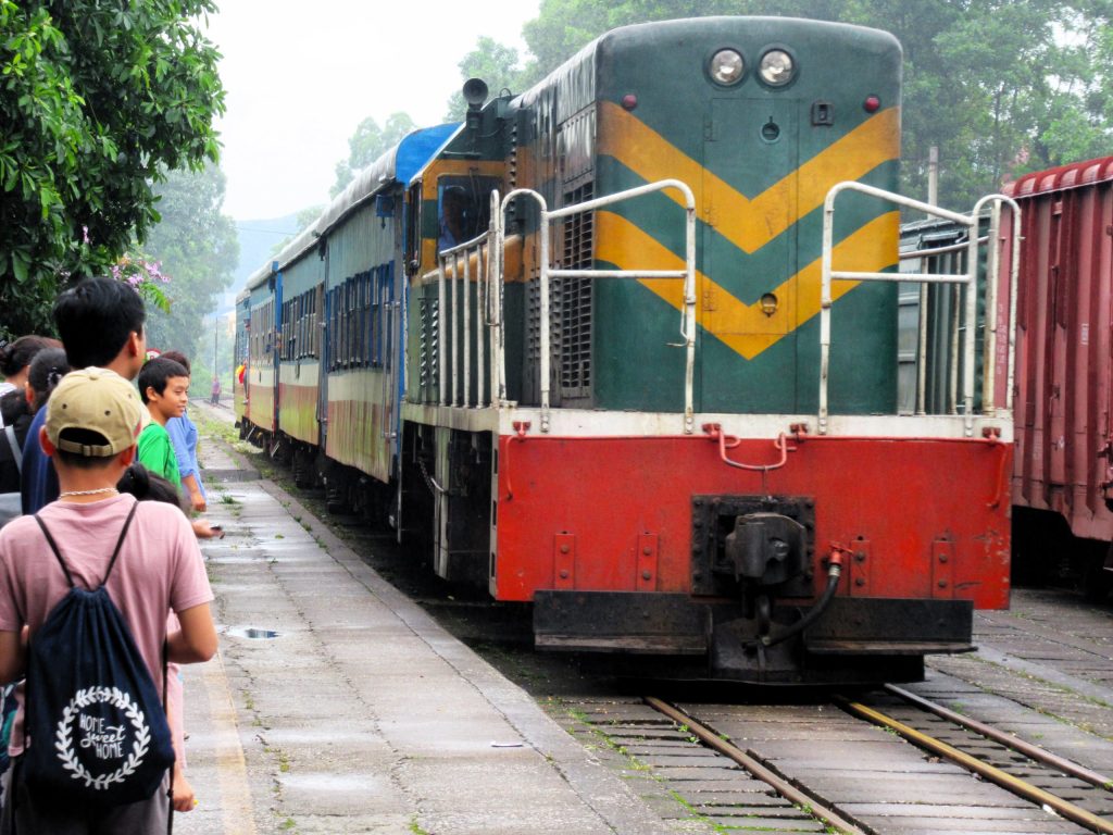 A domestic train traveling through Vietnam’s countryside.