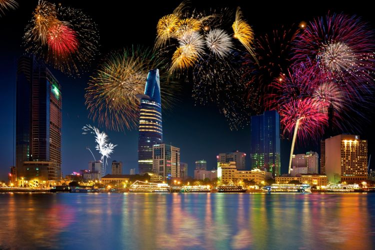 A vibrant festival in Ho Chi Minh City with fireworks and cultural performances.