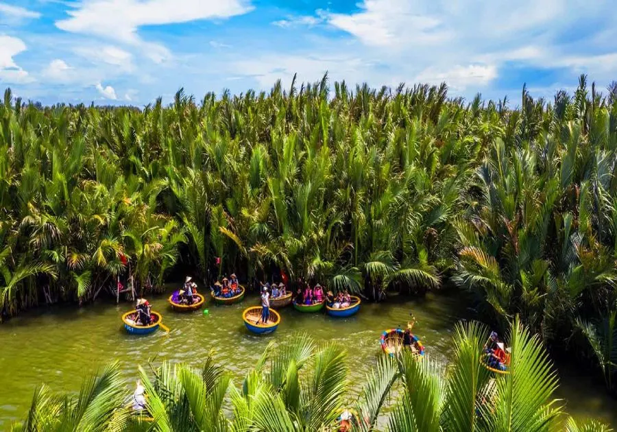 A peaceful scene of Tra Que Vegetable Village in Hoi An, showcasing lush green fields of herbs and vegetables under the morning sun.