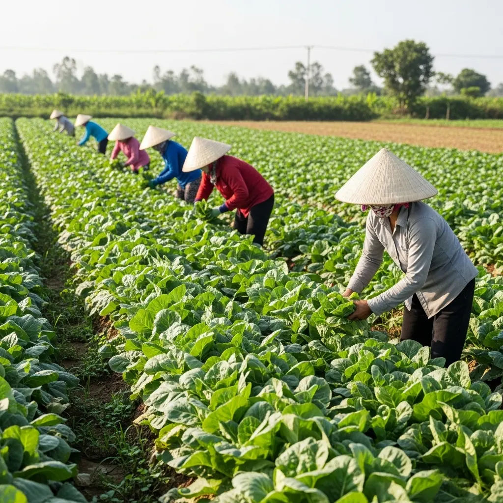一張逼真的照片，展示了越南的菜田中，農民們正在收穫蔬菜，背景是翠綠的田野