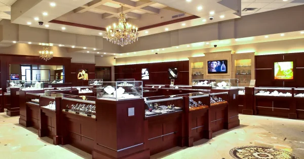 "Elegant jewelry shop in Hoi An showcasing handcrafted pieces with traditional Vietnamese designs, displayed in a warm and inviting boutique setting."