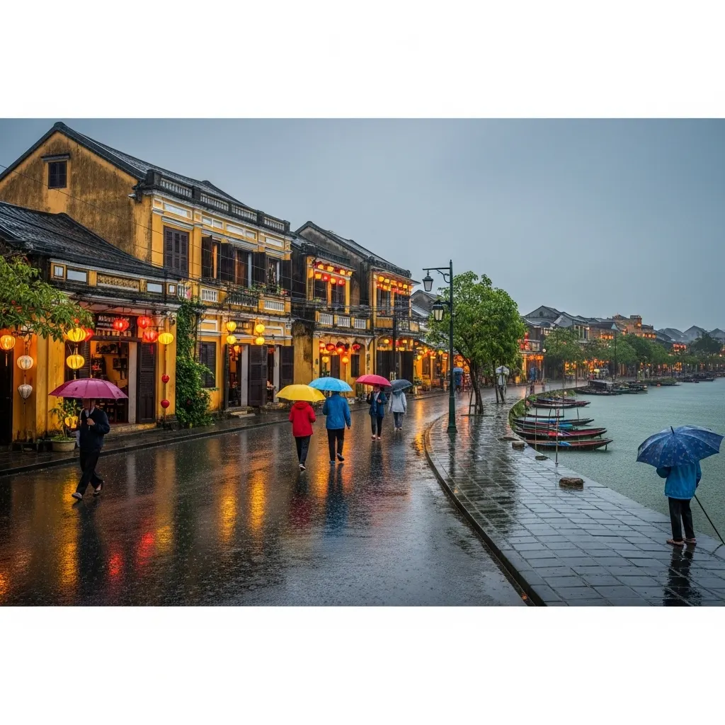 一張逼真的照片,展示了雨中的會安,突顯了古鎮的魅力和寧靜的氛圍