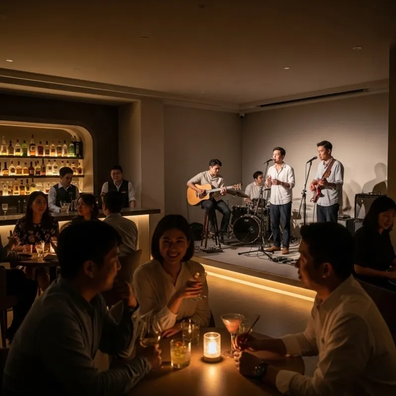 一張生動的照片,捕捉了會安酒廊的氛圍:亞洲客人一邊品飲雞尾酒,一邊欣賞現場樂隊在舞台上演奏