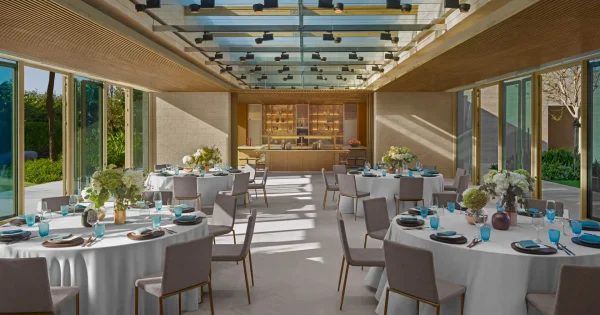 "Elegant setup at one of the top networking event venues in Hoi An, featuring open-air seating, ambient lighting, and a blend of modern and heritage architecture."