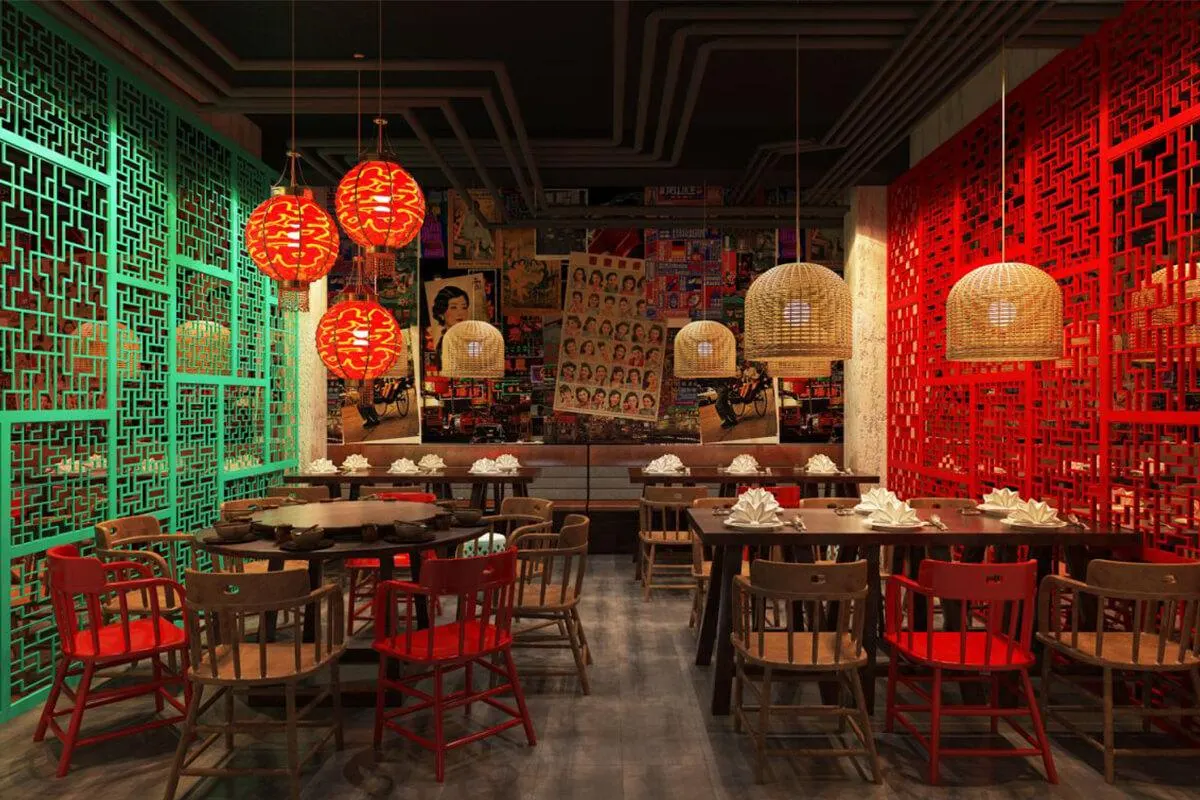 "Traditional Chinese restaurant in Hoi An with classic red lantern decor, round dining tables, and a menu featuring dim sum, Peking duck, and regional specialties."